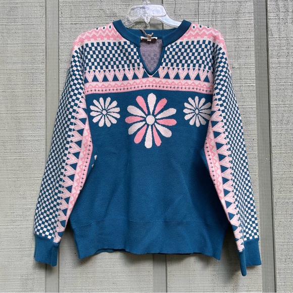 Easel Blue and Pink Geometric Floral Sweater - Picture 1 of 16
